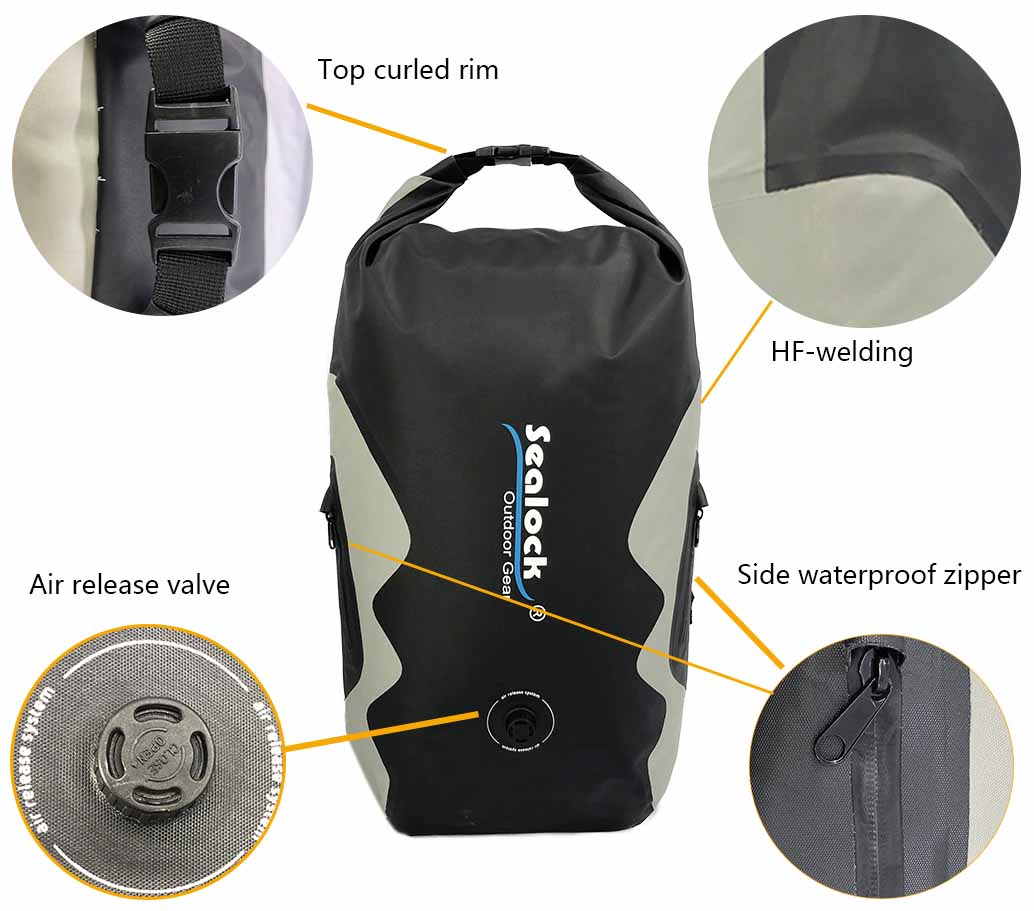 air release valve and welded seam on TPU dry backpack